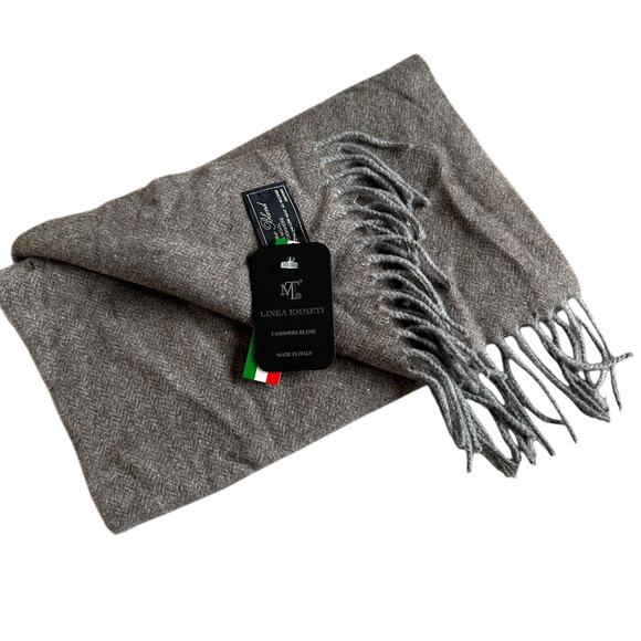 LINEA EMMETI Brown Gray Chevron Fringe Trim Wool Cashmere Rectangular Scarf NWT - Picture 1 of 6